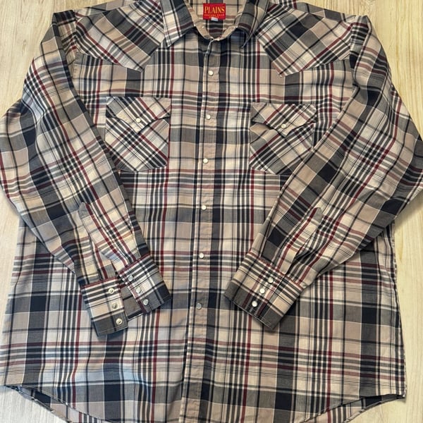 Plains Western Wear Men's XL Long Sleeve Pearl Snap Plaid Shirt Tan Brown