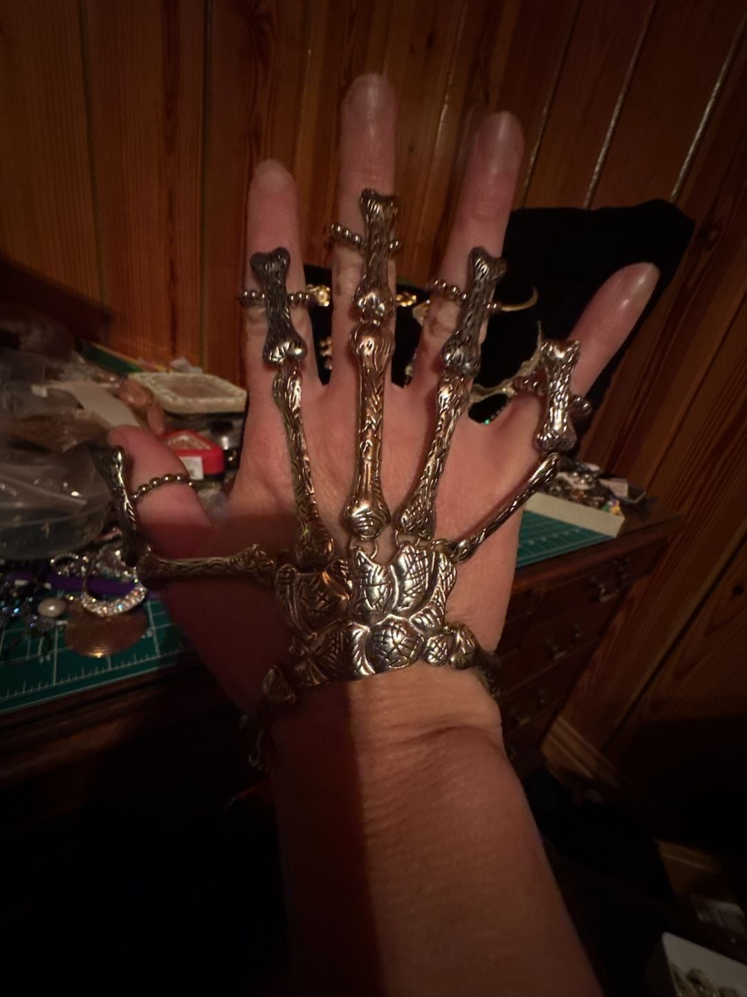 Gothic Silver Skeleton Hand Bone Bracelet with Finger Rings 2