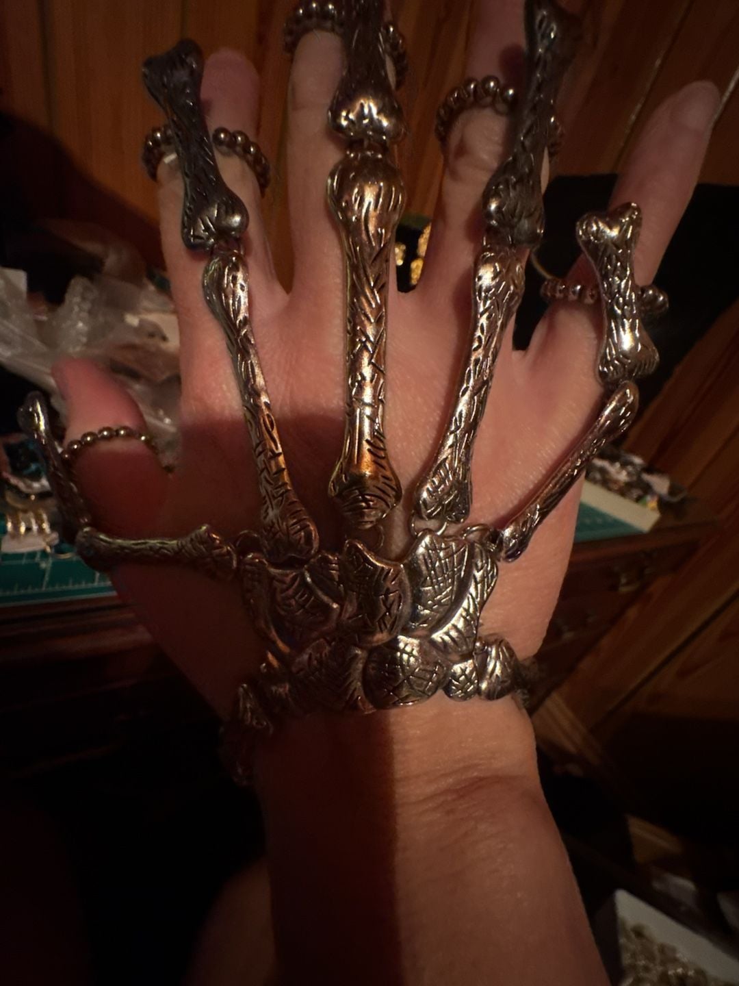 Gothic Silver Skeleton Hand Bone Bracelet with Finger Rings 3