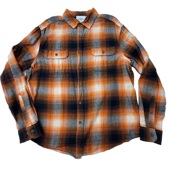 Goodfellow & Co Men's Orange Black Plaid Long Sleeve Flannel Button-Up