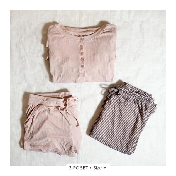 Blush Pink Ribbed 3-Piece Loungewear Set Size M | Henley Top + Shorts + Striped Pants

