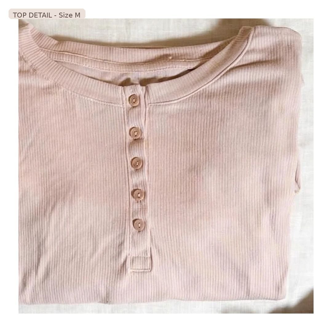 Blush Pink Ribbed 3-Piece Loungewear Set Size M | Henley Top + Shorts + Striped Pants
2