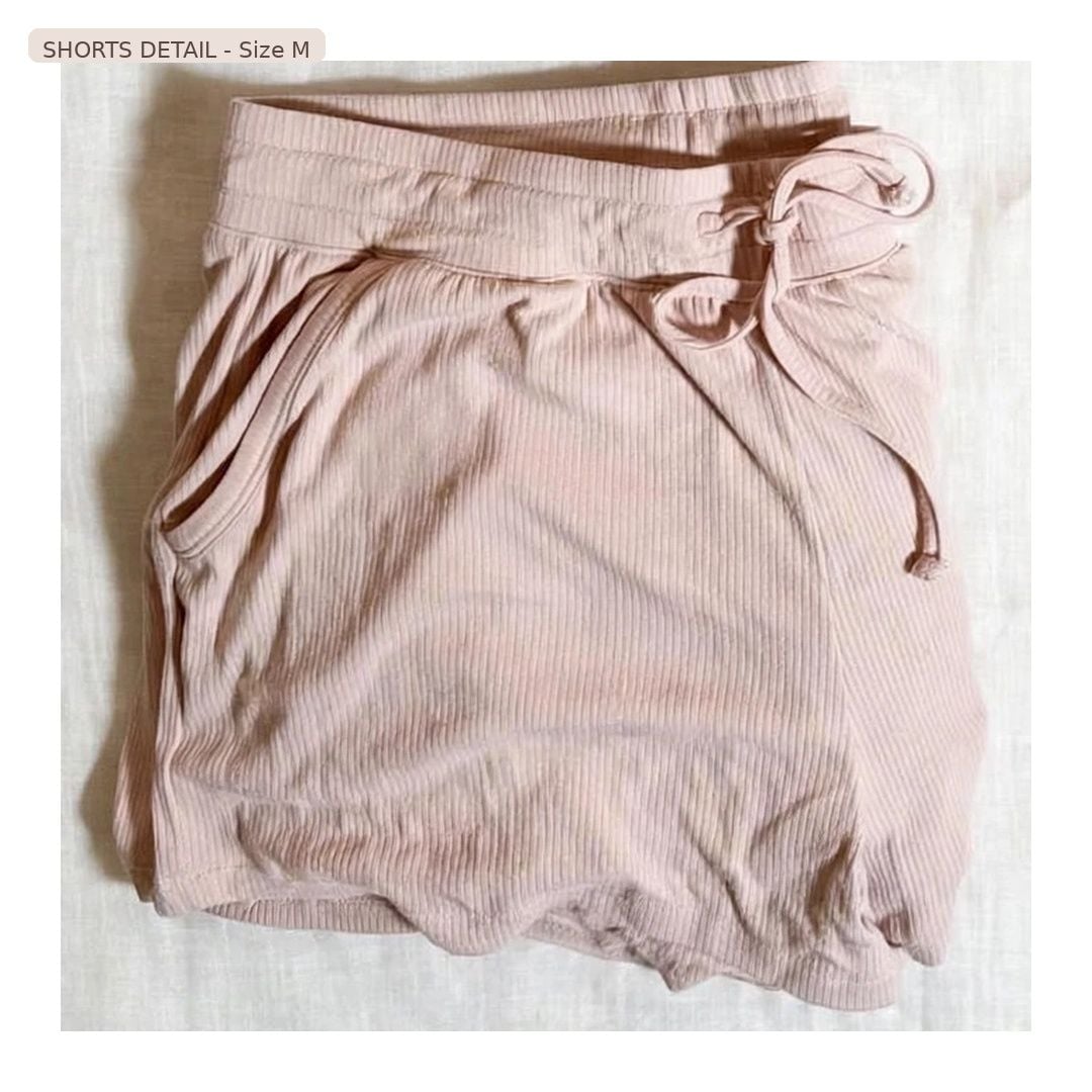 Blush Pink Ribbed 3-Piece Loungewear Set Size M | Henley Top + Shorts + Striped Pants
4