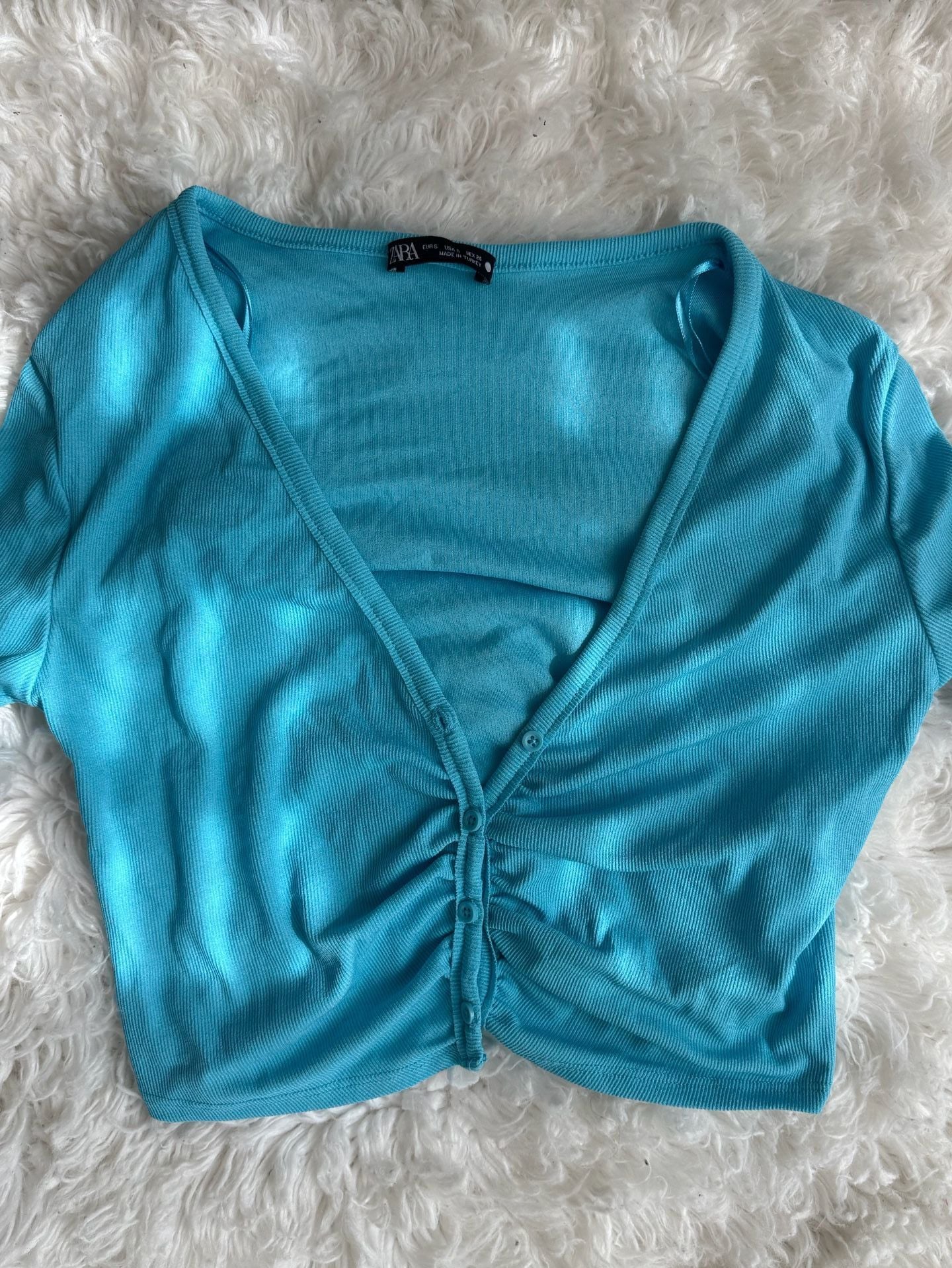 Zara Turquoise Ribbed Long Sleeve Ruched Button Crop Top 3