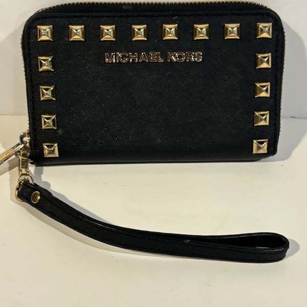 Michael Kors Black Saffiano Leather Studded Selma Zip Around Wristlet Wallet