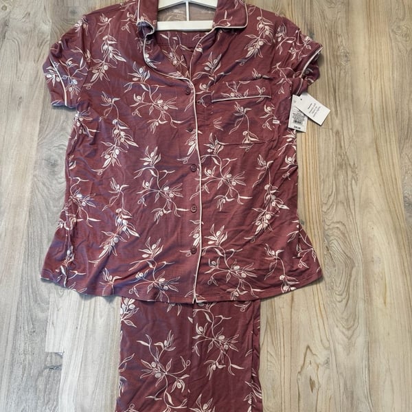 Auden Cloud Knit 2-Piece Short Sleeve Pajama Set Mauve Olive Branches Size S NWT
