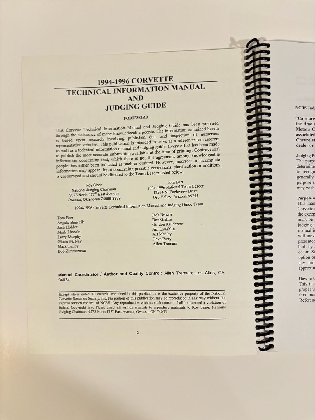 NCRS 1994-1996 Corvette Technical Manual and Judging Guide First Edition 2
