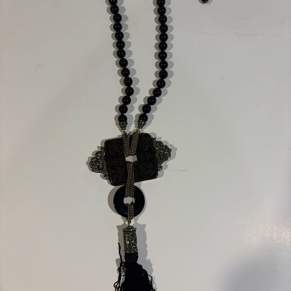 Heidi Daus Asian Inspired Black Beaded Crystal Pendant Statement Necklace