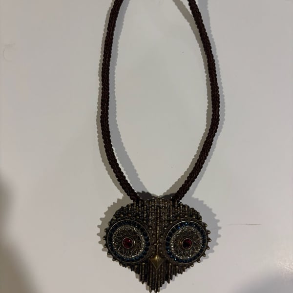 Vintage Bohemian Style Owl Pendant Necklace with Red and Blue Rhinestone Eyes