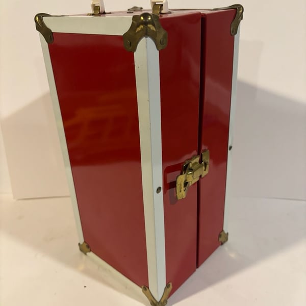 Vintage Red and White Metal Doll Wardrobe Trunk Case with Atomic Star Pattern