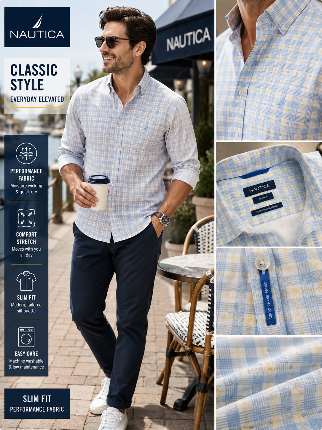 Nautica Men’s Performance Plaid Button Down Shirt Blue Yellow Slim Fit 2