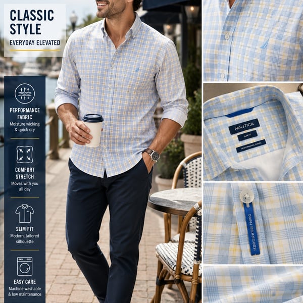 Nautica Men’s Performance Plaid Button Down Shirt Blue Yellow Slim Fit