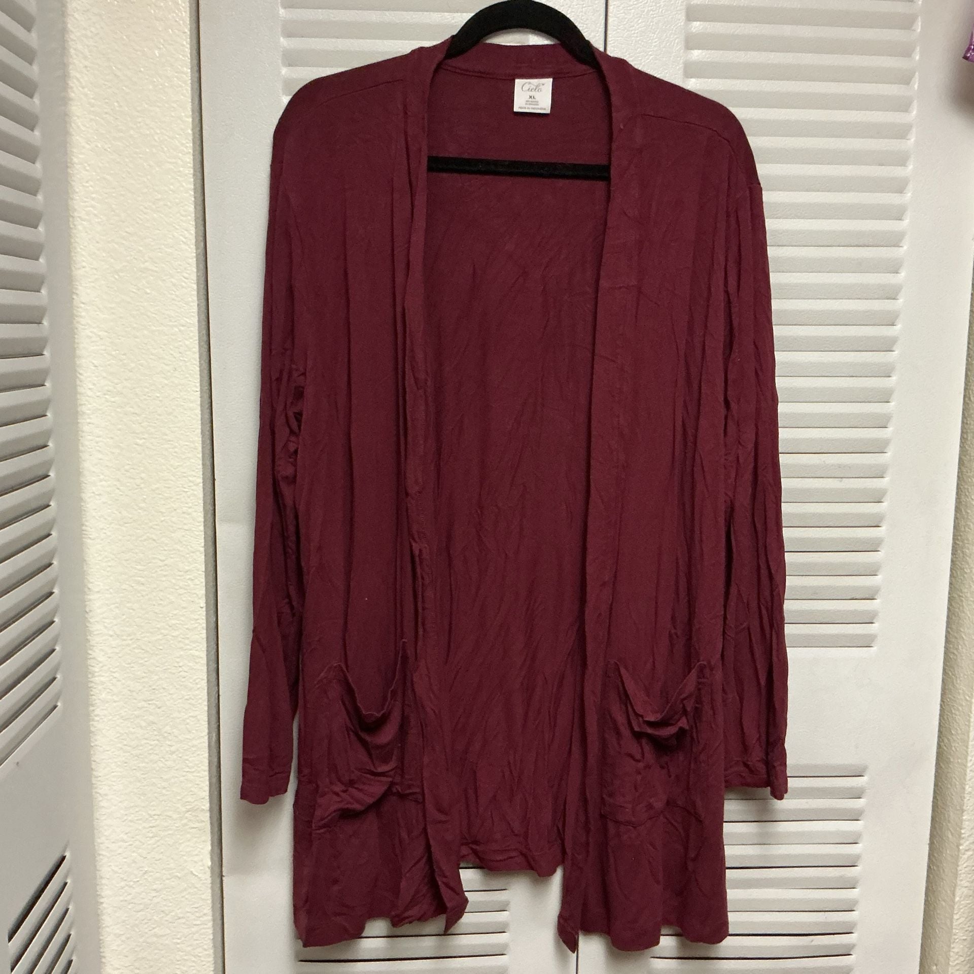Cielo Maroon Open Front Long Sleeve Cardigan with Pockets XL 3