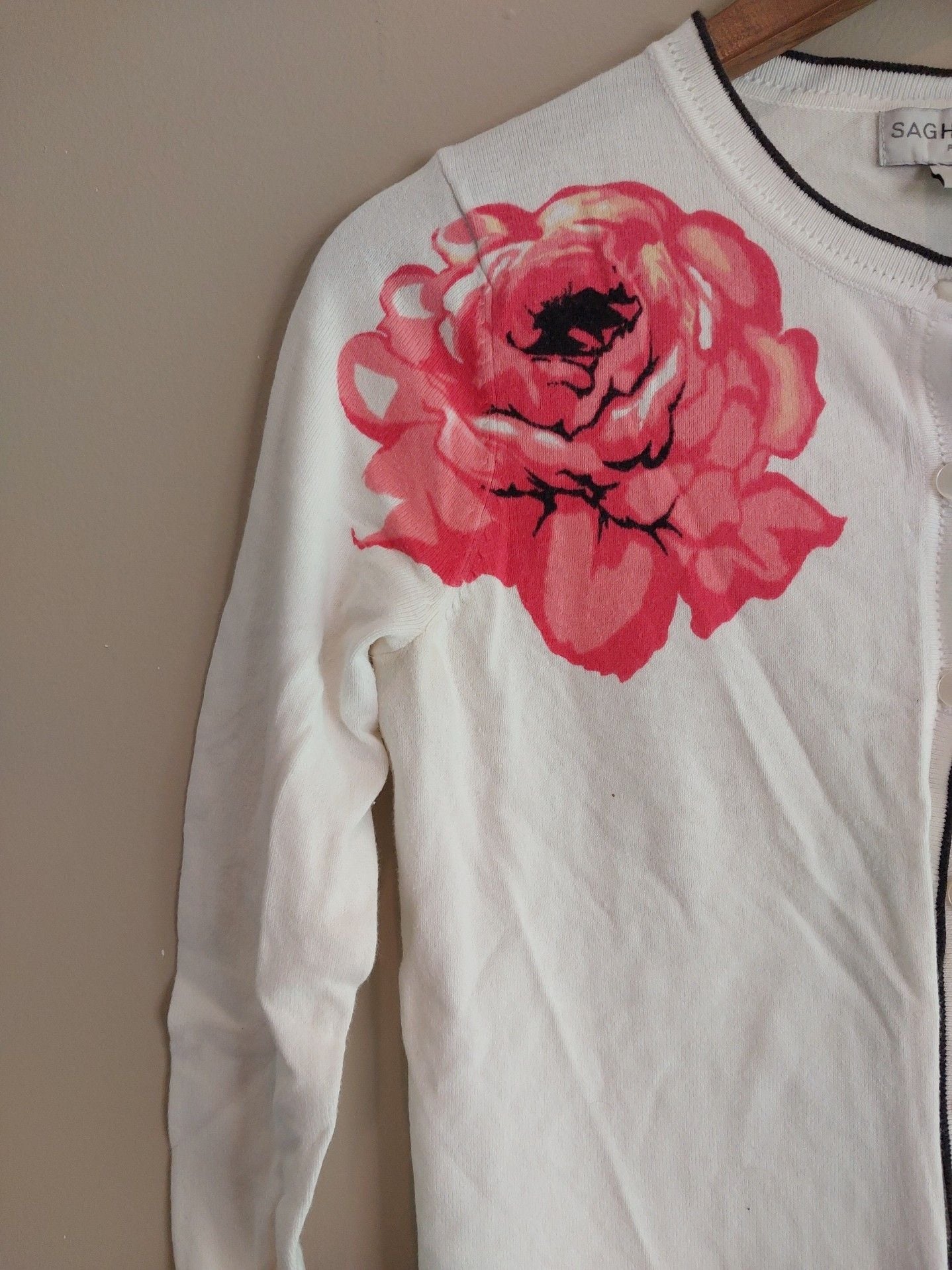 Sag Harbor Petite Cream Cardigan Sweater With Pink Roses 3/4 Sleeves Size PS 3