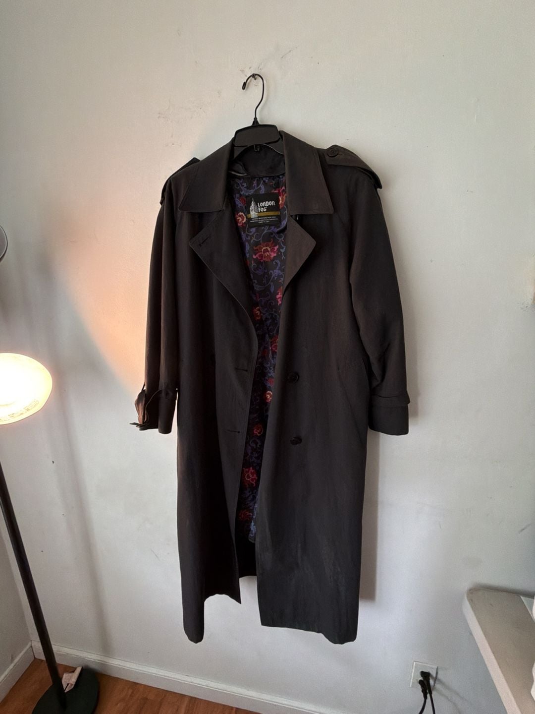 London Fog Vintage Black Trench Coat with Floral Lining 2