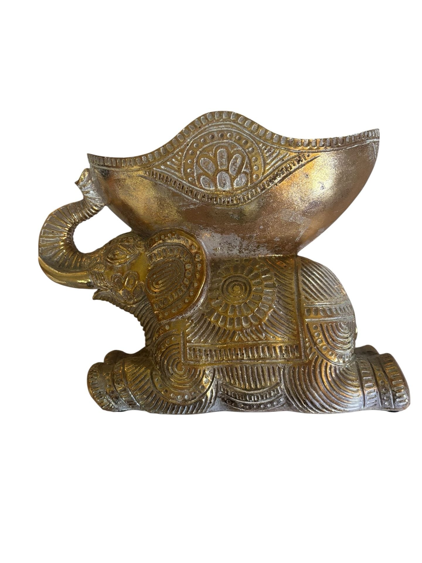 Decorative Gold Finish Kneeling Elephant Figurine with Intricate Bowl Catchall 1