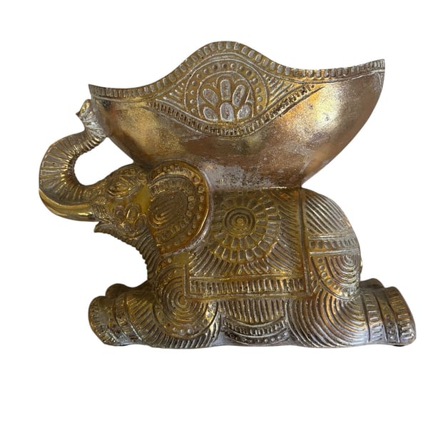 Decorative Gold Finish Kneeling Elephant Figurine with Intricate Bowl Catchall
