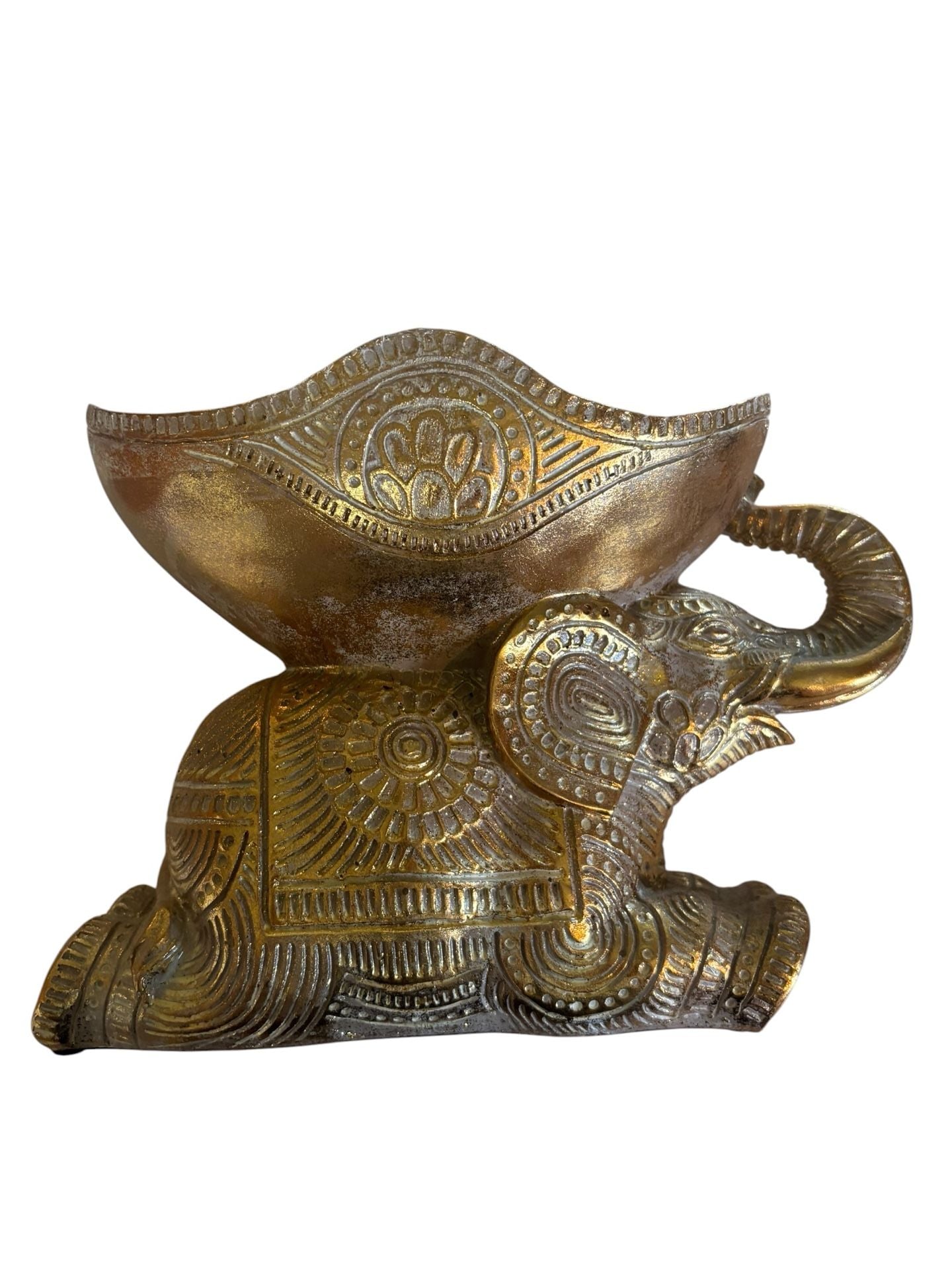 Decorative Gold Finish Kneeling Elephant Figurine with Intricate Bowl Catchall 2