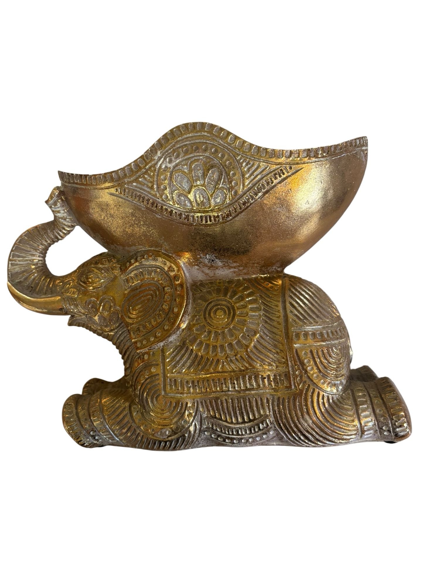 Decorative Gold Finish Kneeling Elephant Figurine with Intricate Bowl Catchall 3