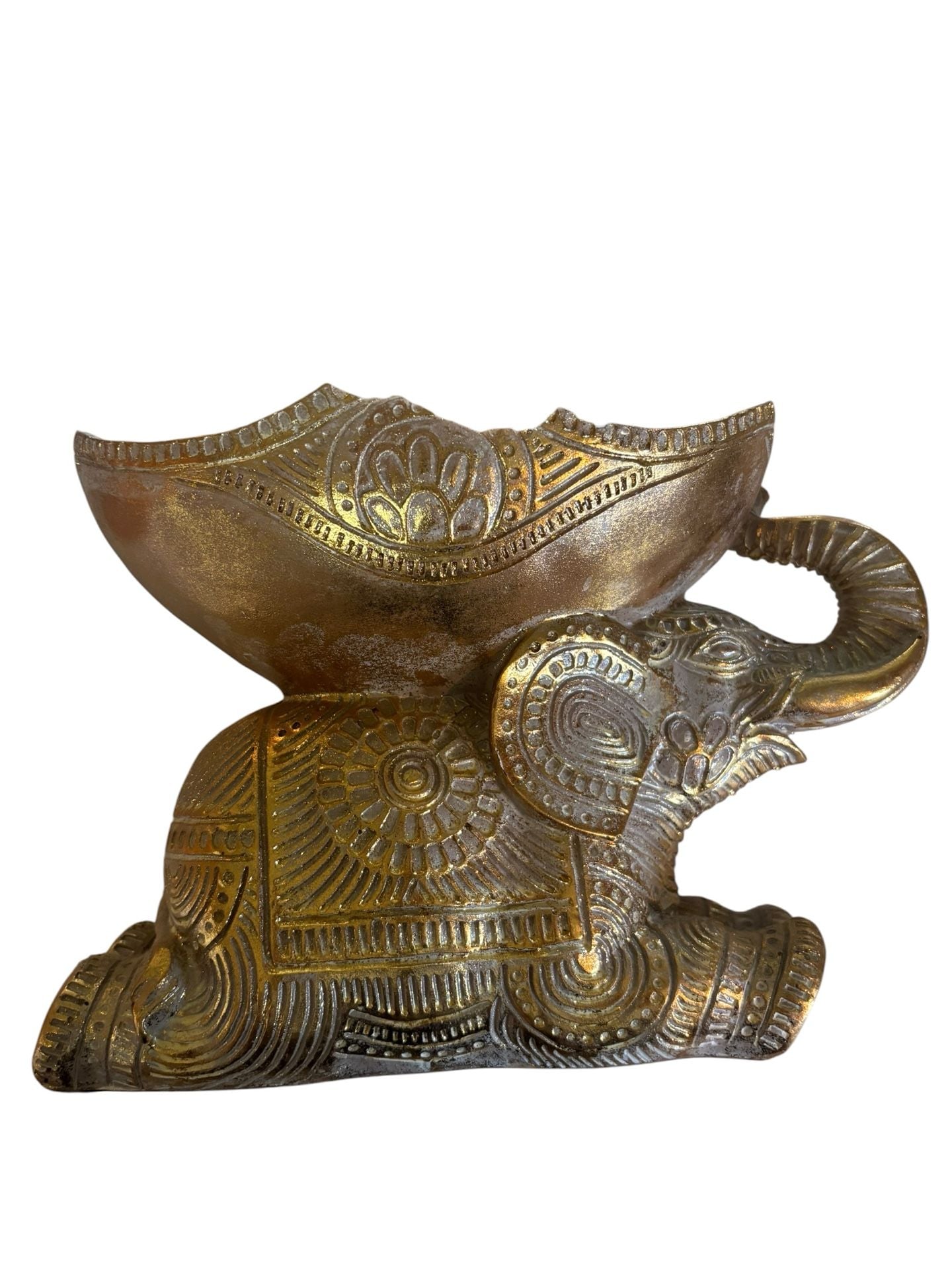 Decorative Gold Finish Kneeling Elephant Figurine with Intricate Bowl Catchall 4