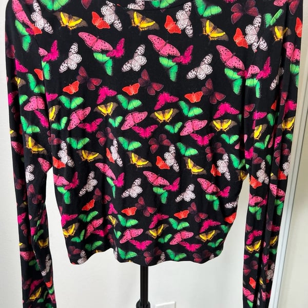 Alice + Olivia Delaina Butterfly Viscose Knit Long Sleeve Top - Size Medium M