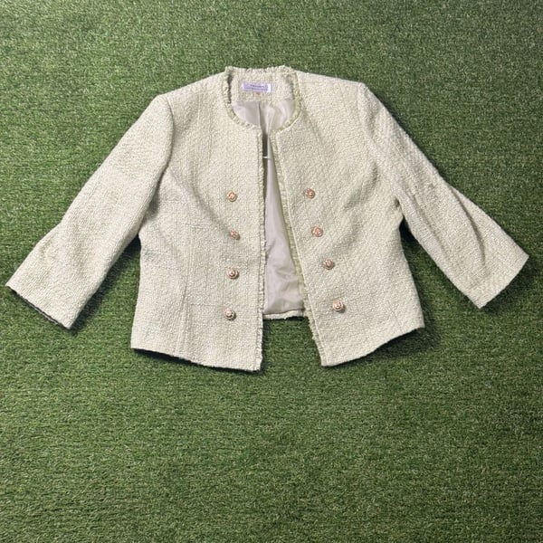 Light Green Tweed Open Front Blazer Jacket with Gold Buttons