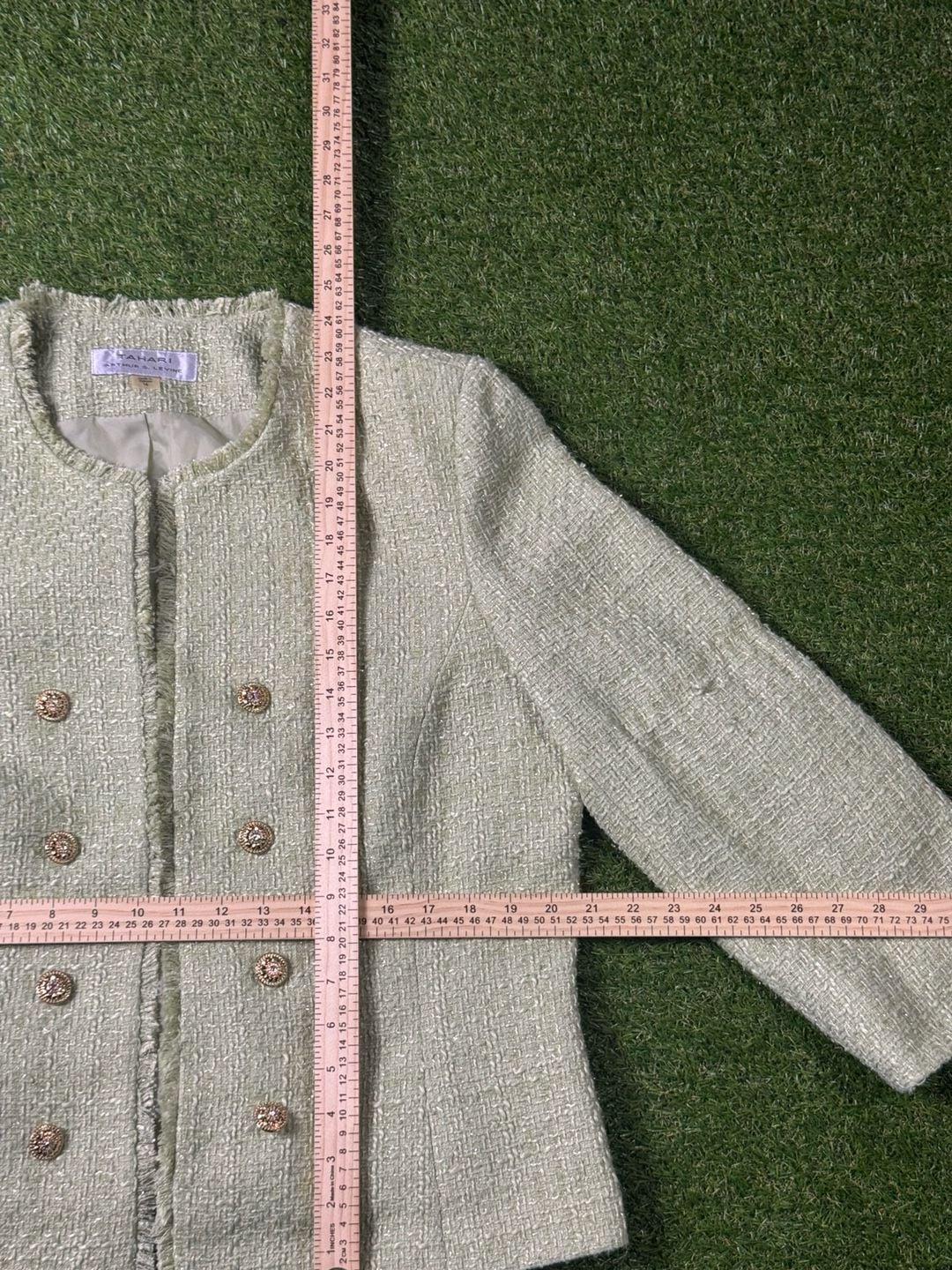 Light Green Tweed Open Front Blazer Jacket with Gold Buttons 7
