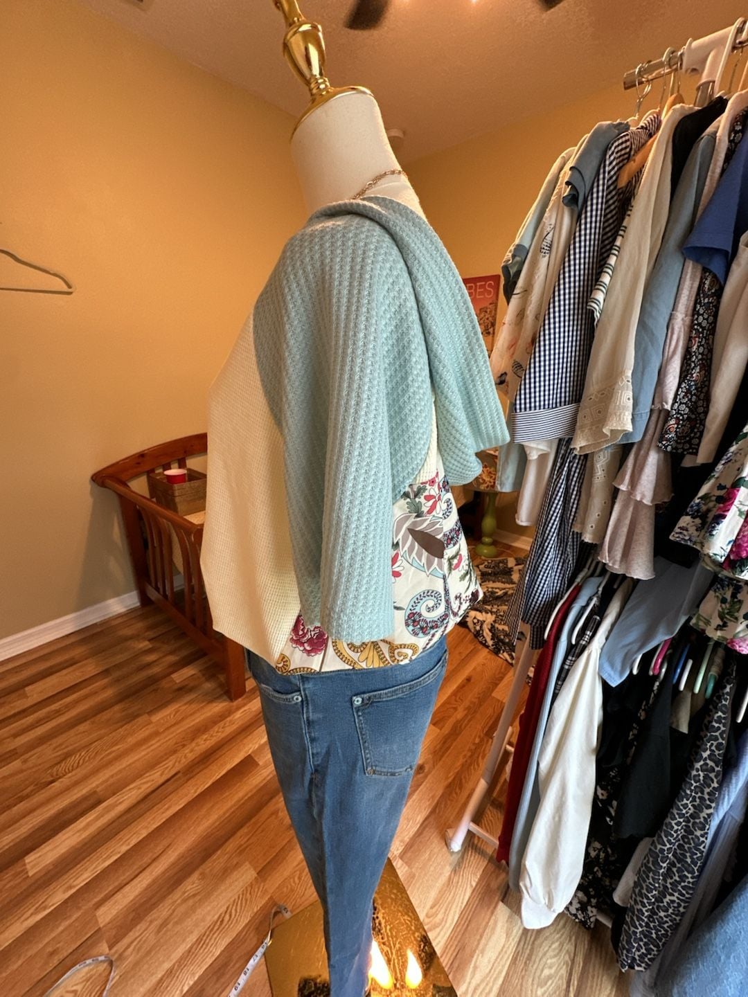 Umgee Waffle Knit Short Sleeve Hoodie Top with Floral Paisley Patchwork M 7