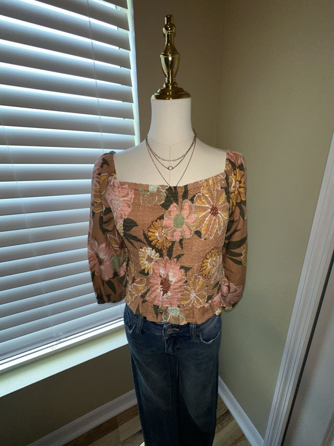 ROXY Like The Sun Again Floral Smocked Off Shoulder Crop Top Brown Size L 4