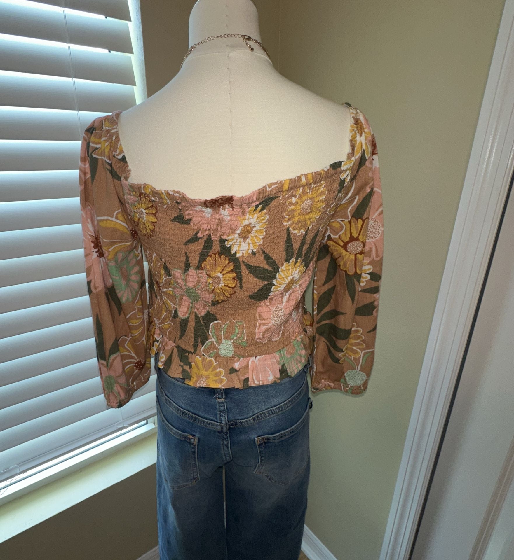 ROXY Like The Sun Again Floral Smocked Off Shoulder Crop Top Brown Size L 5