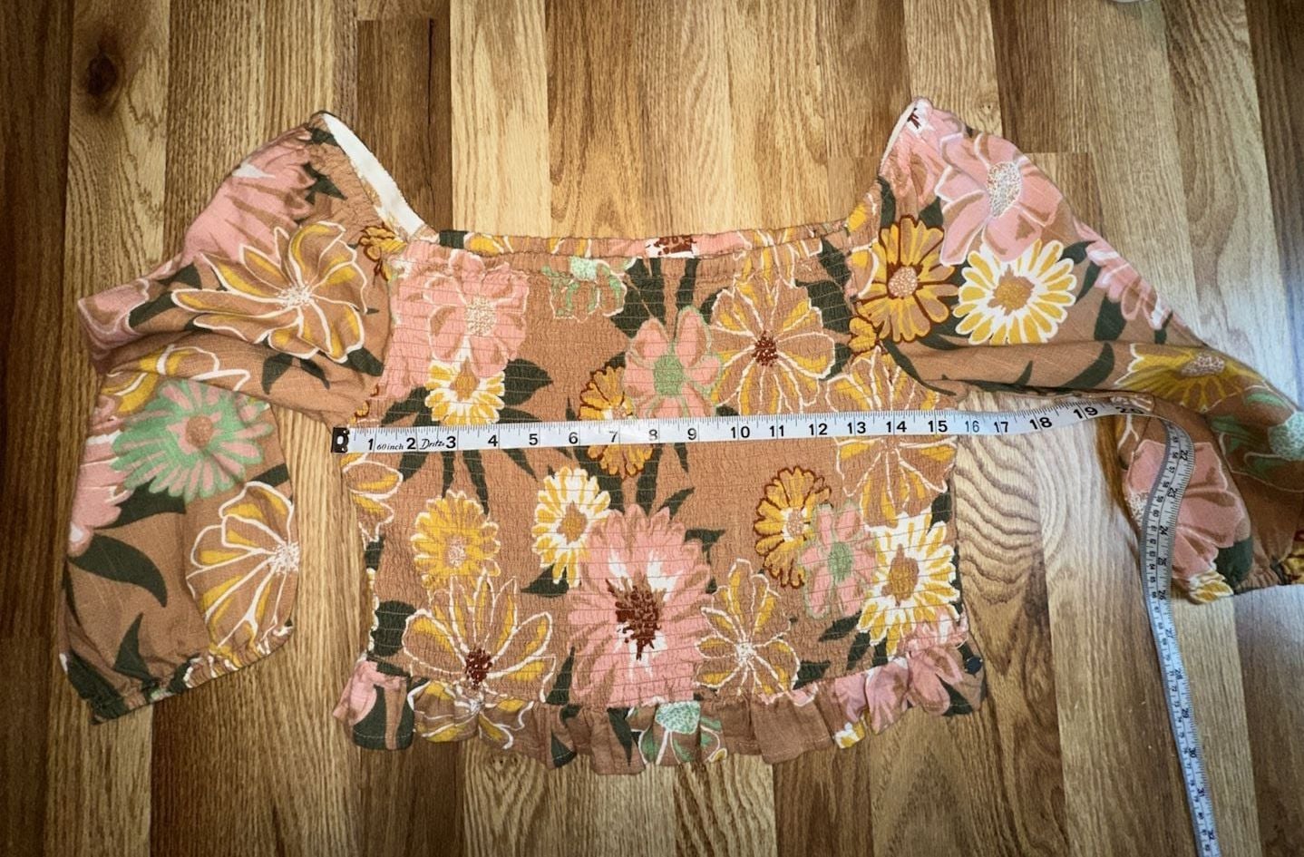 ROXY Like The Sun Again Floral Smocked Off Shoulder Crop Top Brown Size L 6