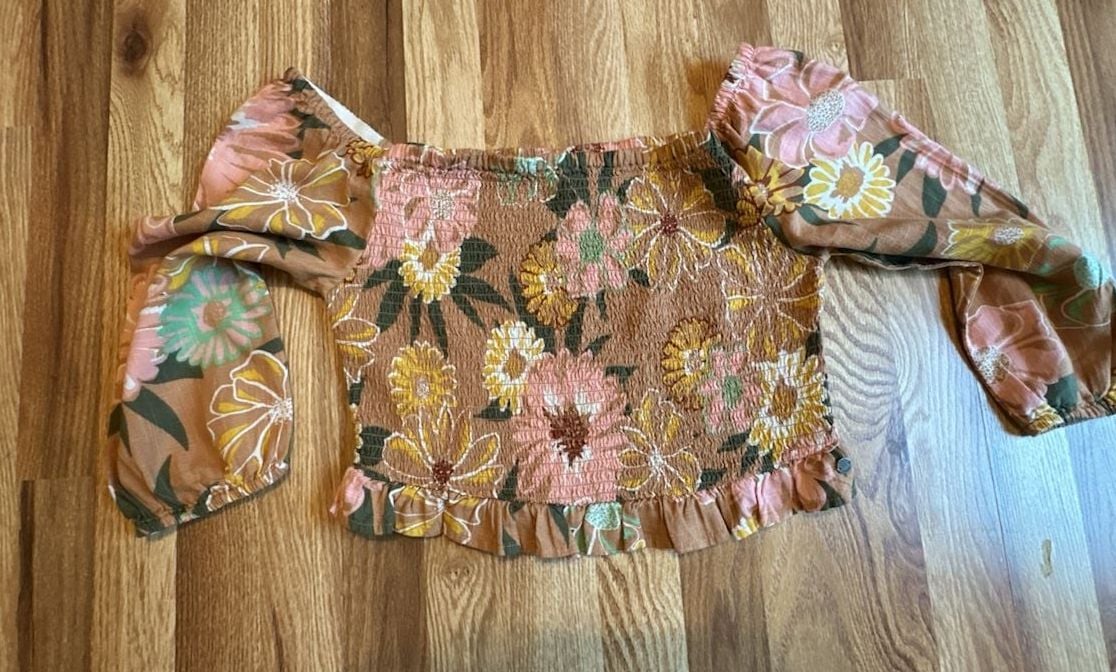 ROXY Like The Sun Again Floral Smocked Off Shoulder Crop Top Brown Size L 10