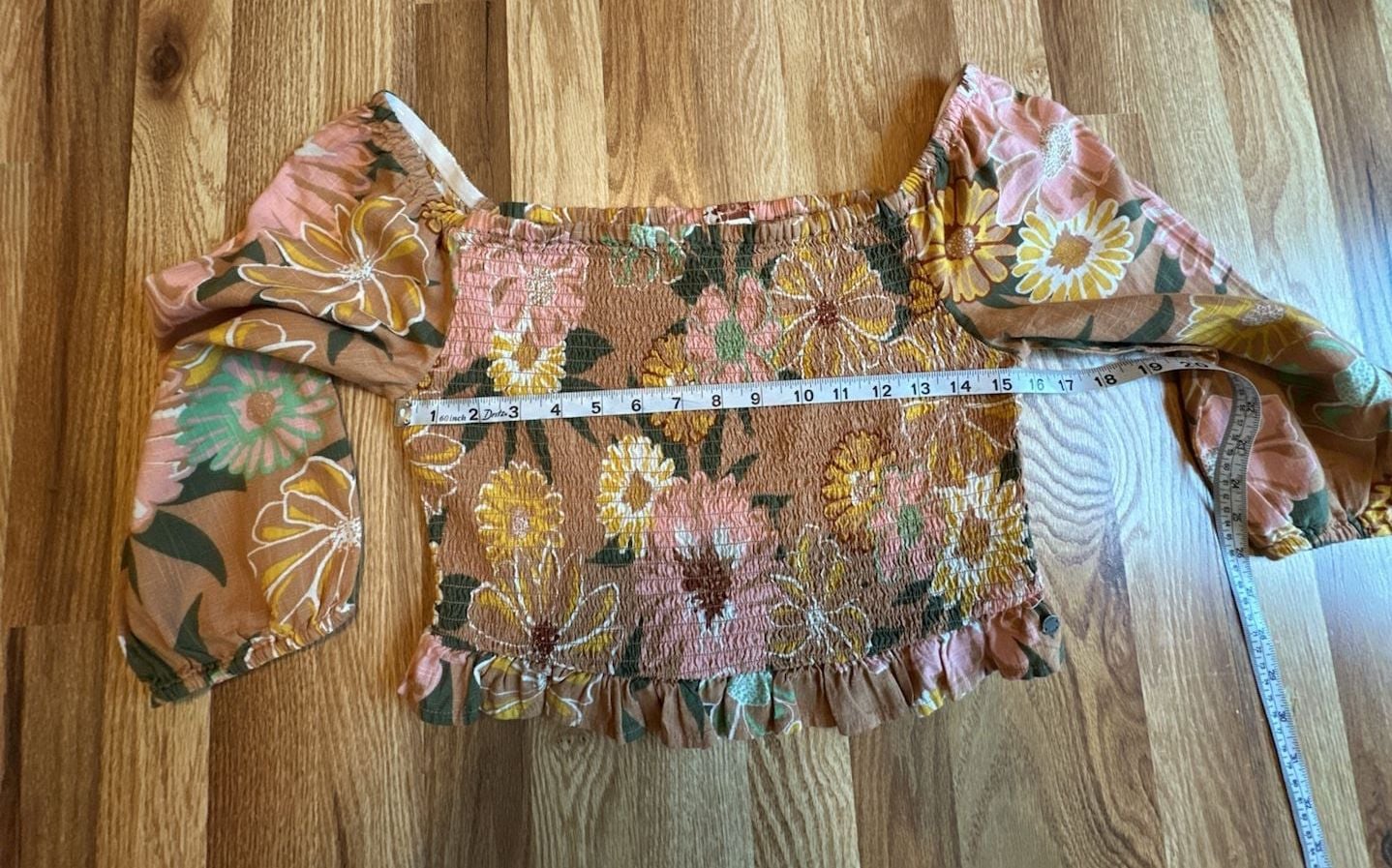 ROXY Like The Sun Again Floral Smocked Off Shoulder Crop Top Brown Size L 7