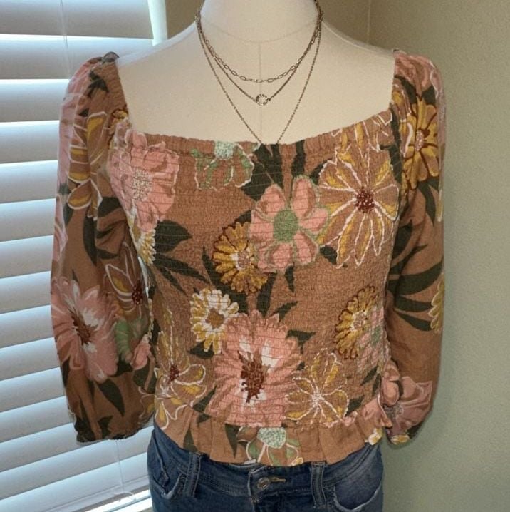 ROXY Like The Sun Again Floral Smocked Off Shoulder Crop Top Brown Size L 3