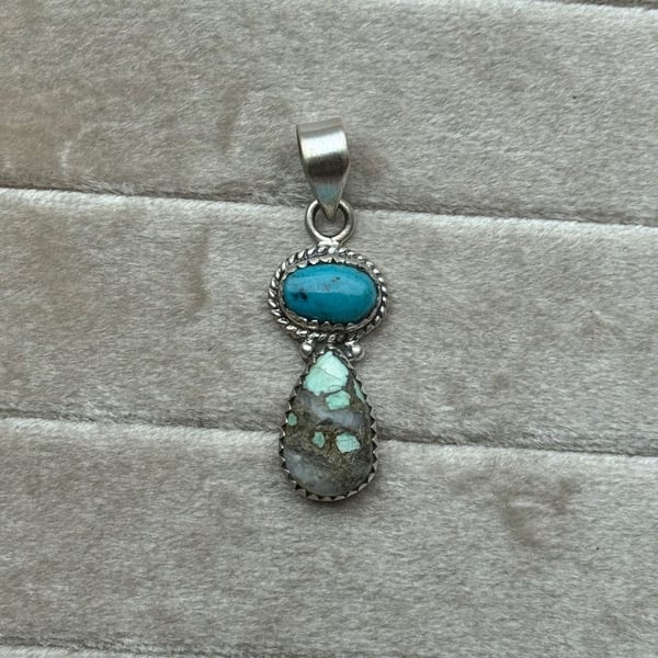 Southwestern Sterling Silver Two-Stone Turquoise Necklace Pendant