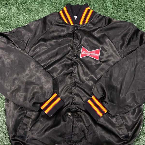 Budweiser Vintage Satin Bomber Jacket Black with Red and Yellow Striped Collar and Cuffs, West Ark Made in USA, Size Large football 