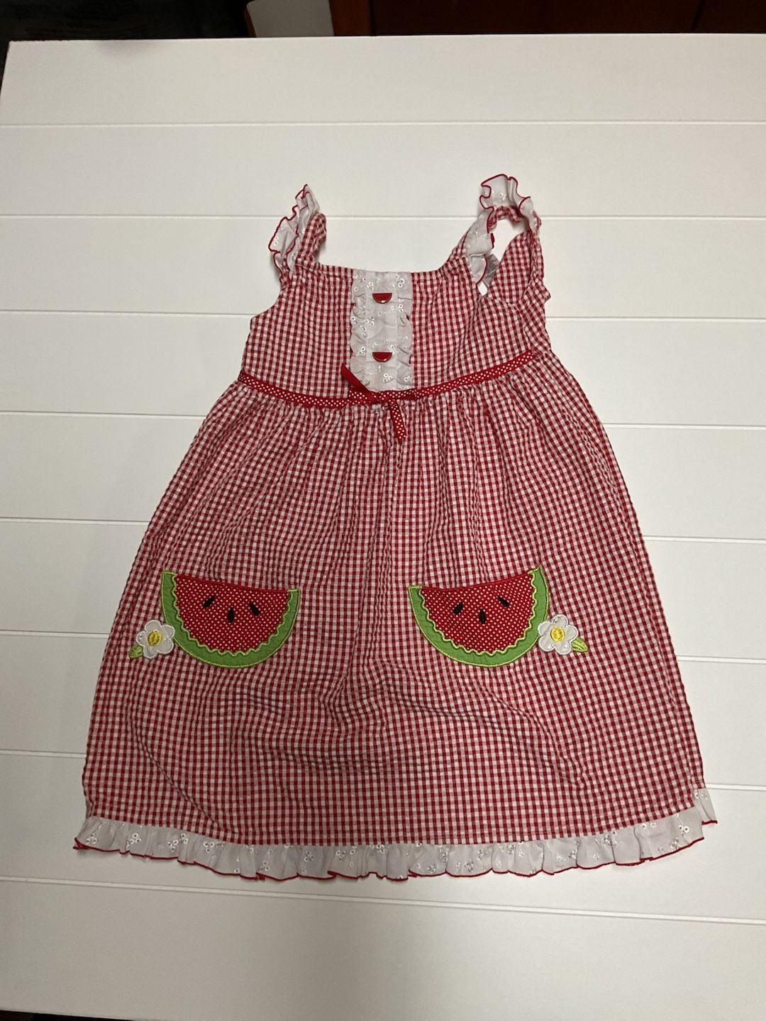 Youngland Red Gingham Watermelon Pocket Ruffle Dress Size 6X 2