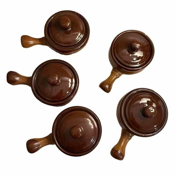 Vintage Brown Stoneware French Onion Soup Crocks With Lids and Handles Set of 5