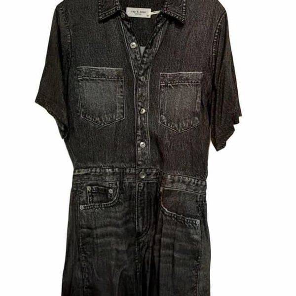 Rag & Bone Black Acid Wash trompe l'oeil “Denim” Short Sleeve Utility Mini Dress. Size S.