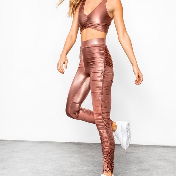 Alo Yoga High Rise Ruched Shine Leggings Rose Gold Pink M