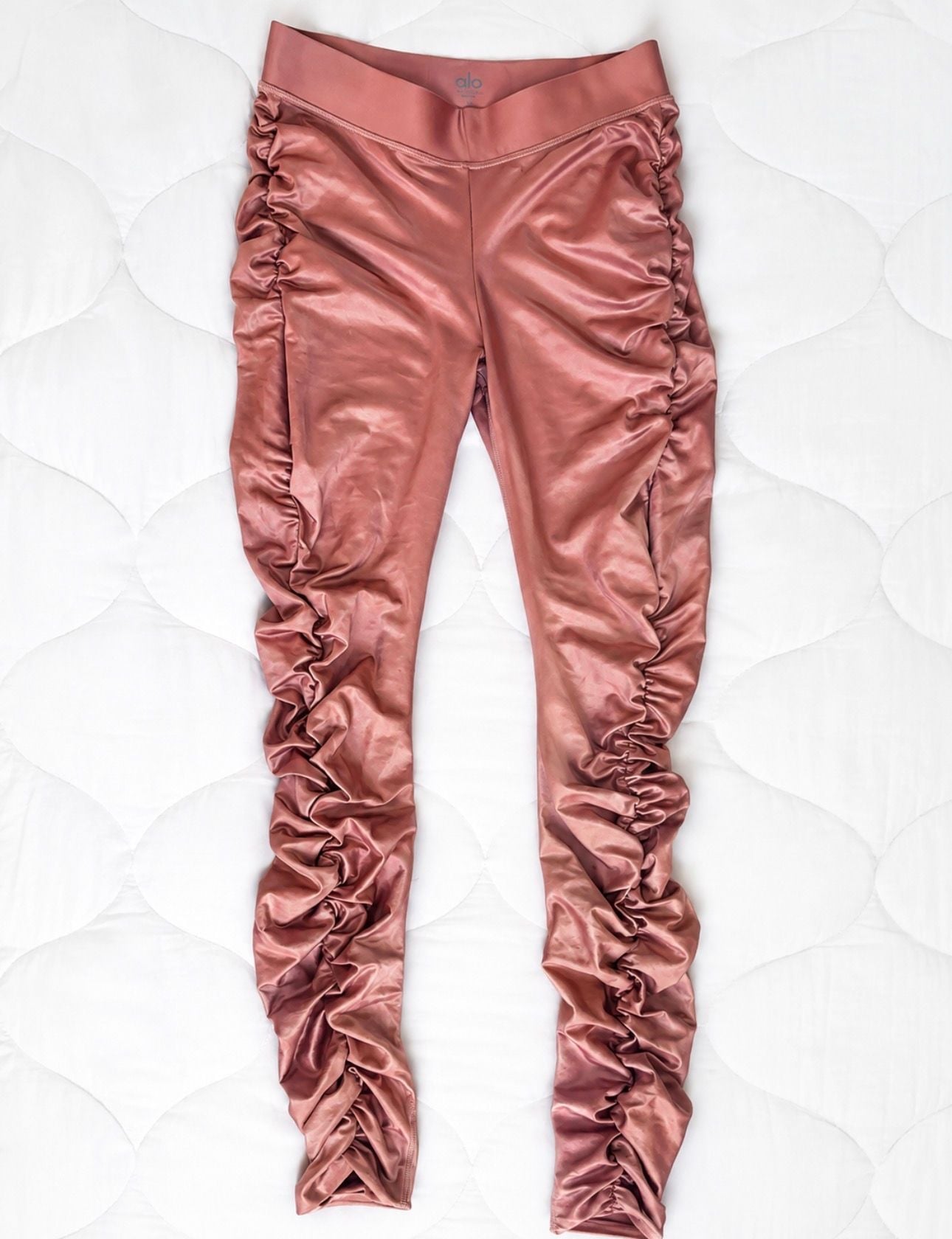 Alo Yoga High Rise Ruched Shine Leggings Rose Gold Pink M 9
