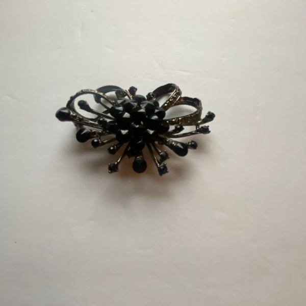 Vintage Black Rhinestone and Japanned Floral Pin Brooch