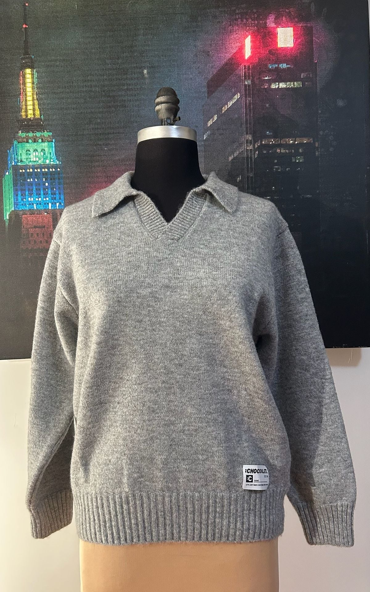:CHOCOOLATE Grey V-Neck Collared Polo Knit Sweater XL 2