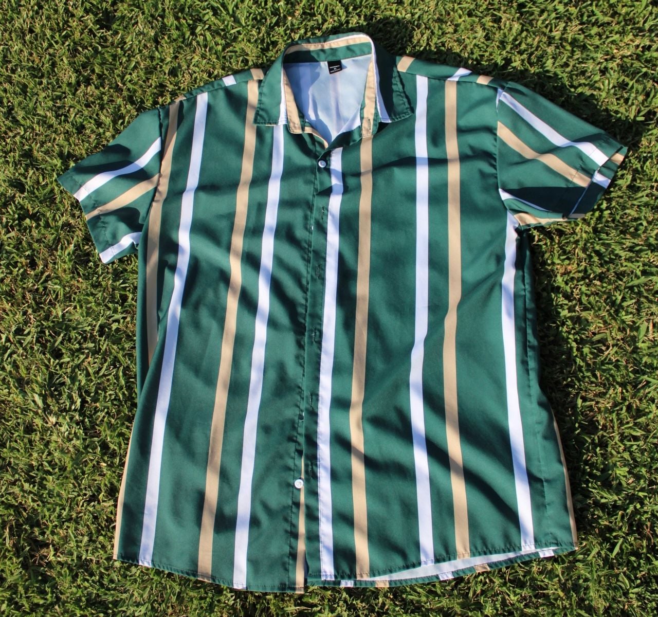 Manfinity Men Striped Print Short Sleeve Button Up Casual Shirt Green XL 2
