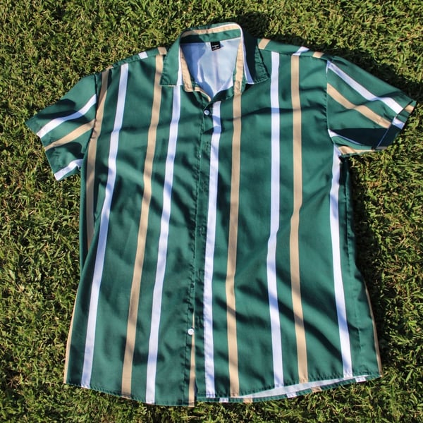 Manfinity Men Striped Print Short Sleeve Button Up Casual Shirt Green XL