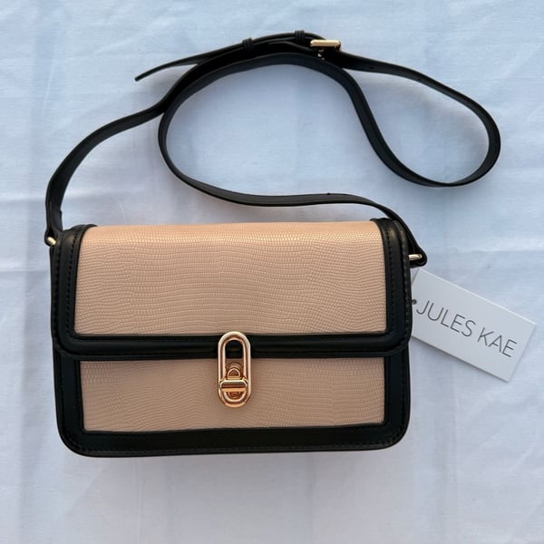 Jules Kae Mia Crossbody Bag Blush Lizard Vegan Leather Embossed With Black Trim