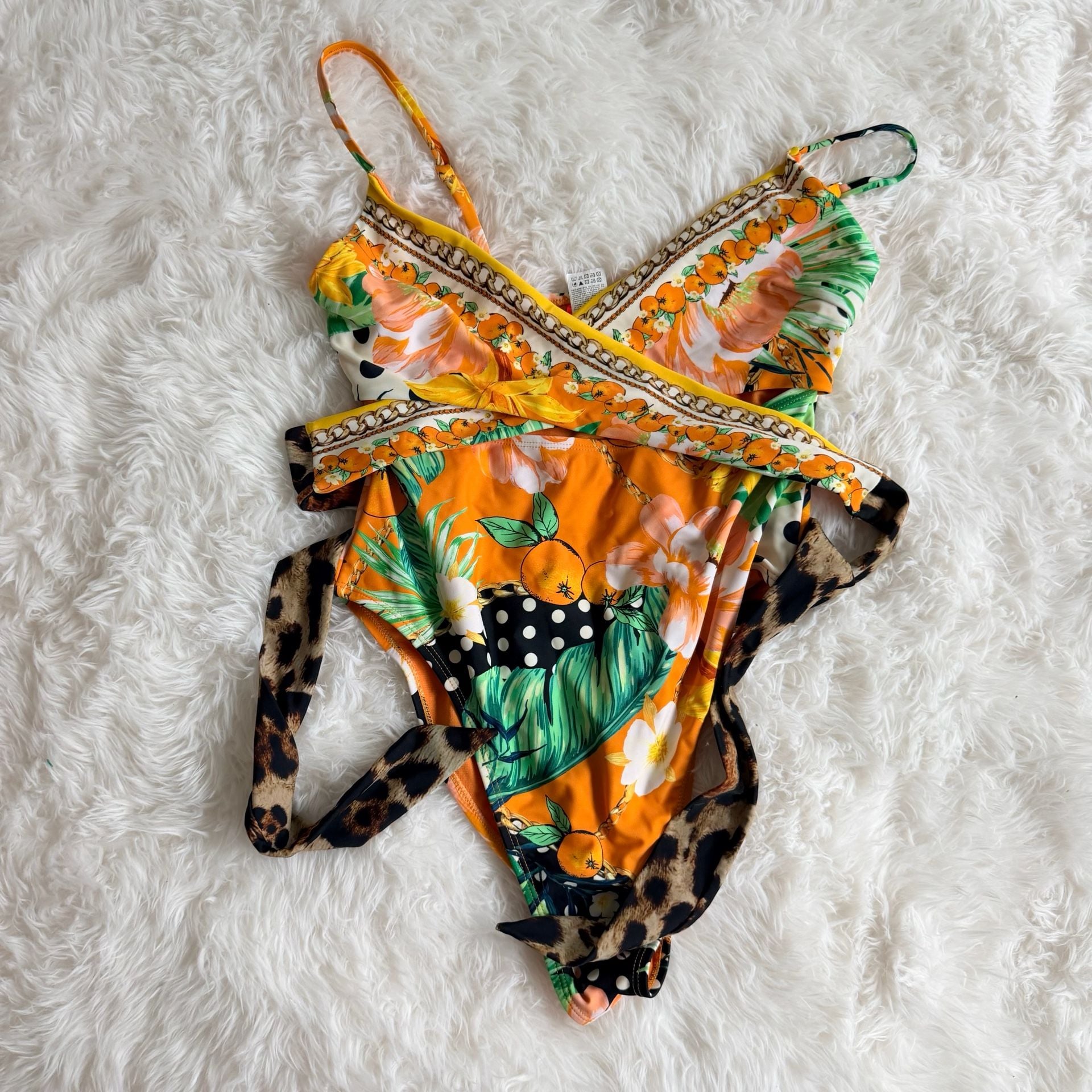 River Island Floral Wrap Front Swimsuit Leopard Tie Orange 1