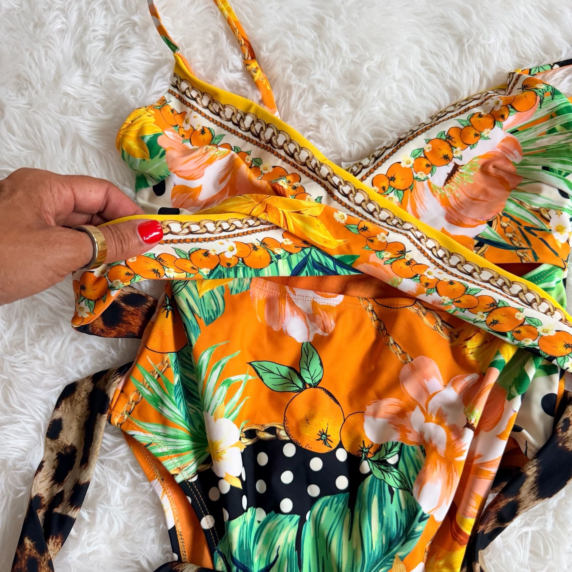 River Island Floral Wrap Front Swimsuit Leopard Tie Orange 2