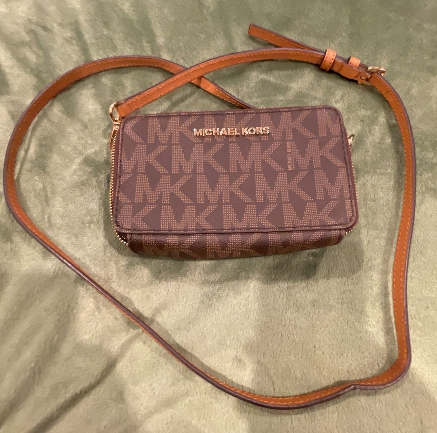Michael Kors Jet Set Signature Brown Monogram Double Zip Crossbody Bag 3