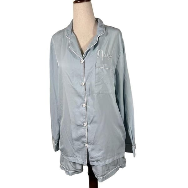 Light Blue Satin Long Sleeve Pajama Set with Nana Embroidery h1191